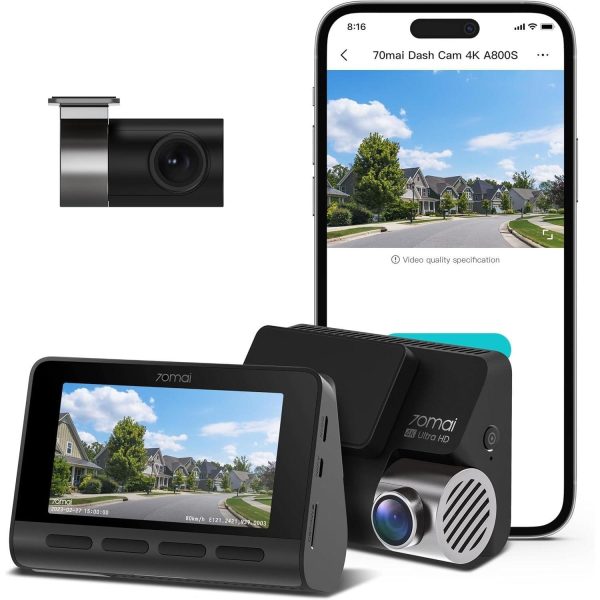 70mai A800S True 4K Dual Channel Car Dash Camera, 2160P Front & 1080P Rear, Built-in GPS Logger, IMX415 Sensor, ADAS, F1.8, 140° 7G Lens, 3D-DNR, 5GHz WiFi, Optional Parking Mode, Upto 128GB Supported For Discount