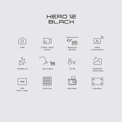 GoPro Hero12 Waterproof Digital Action Camera with Front&Rear LCD Screens,5.3K60 Ultra Hd Video,Hypersmooth 6.0+Autoboost,Live Streaming with Enduro Battery(1-Yr +1-Yr India Warranty),Black For Cheap