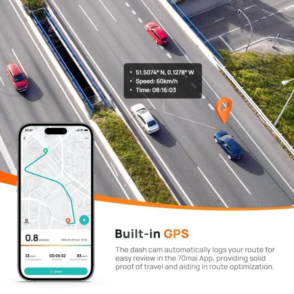 70mai A510 HDR 3K Dual Channel Dash Cam, STARVIS 2 IMX675 Sensor, ADAS, Built-in GPS Logger, Route Recorder, MaiColor Vivid+ with Night Owl Vision, App Playback & Share, Optional Parking Monitoring Online Sale